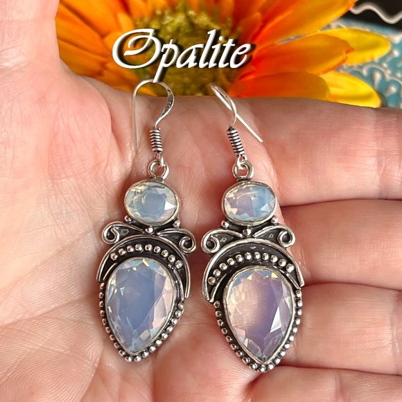 Opalite Earrings Handmade Gemstone Crystal Dangles 925 Silver Bohemian Ethnic - Picture 7 of 7